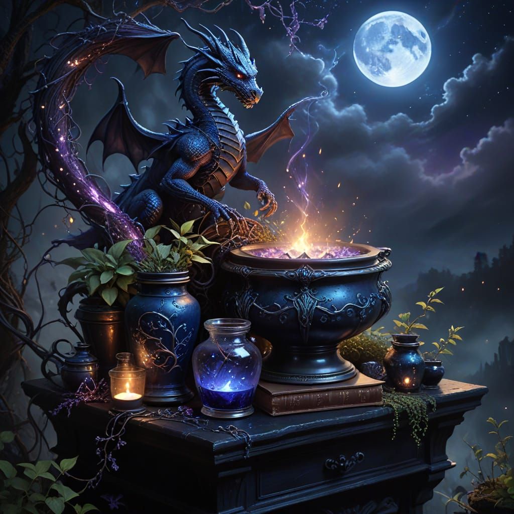 Gothic Apothecary's Shop with Dragon in Magical Realism