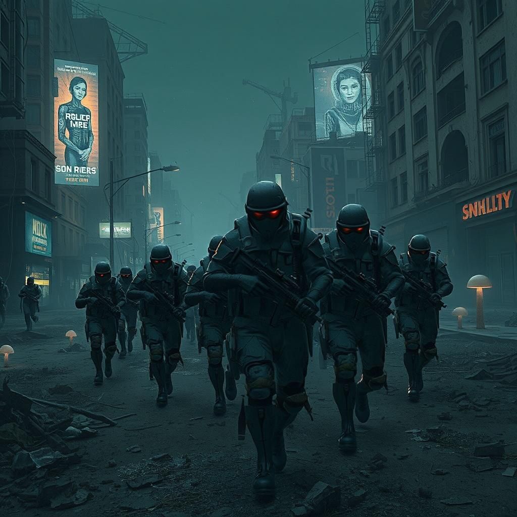 Dystopian Soldiers in Ruined Cityscape
