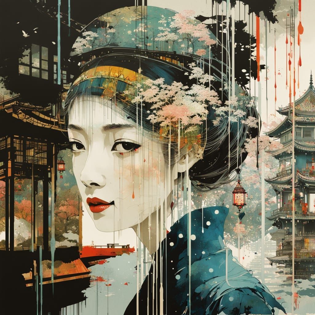 Galaxy Drips into Japanese Princess Silhouette