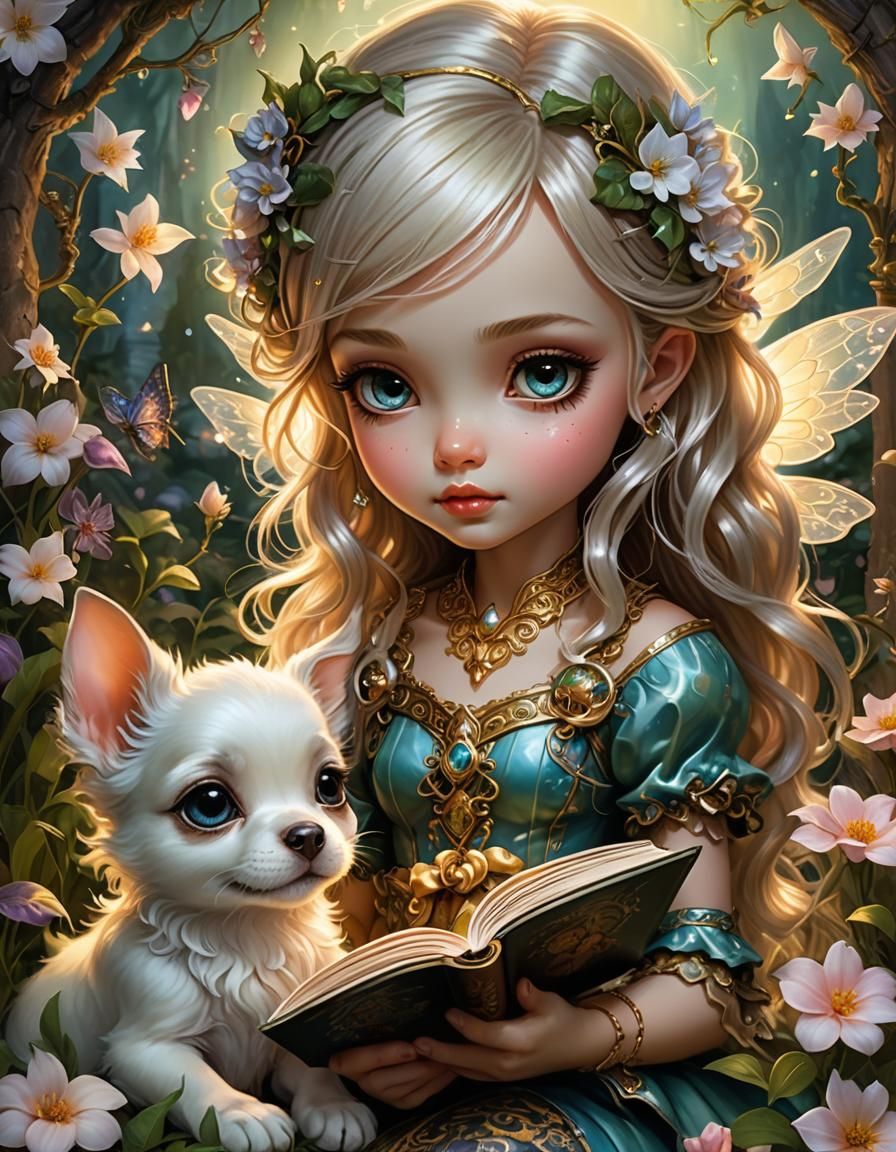 Enchanting Fairy Reads to Puppy in Magical Garden