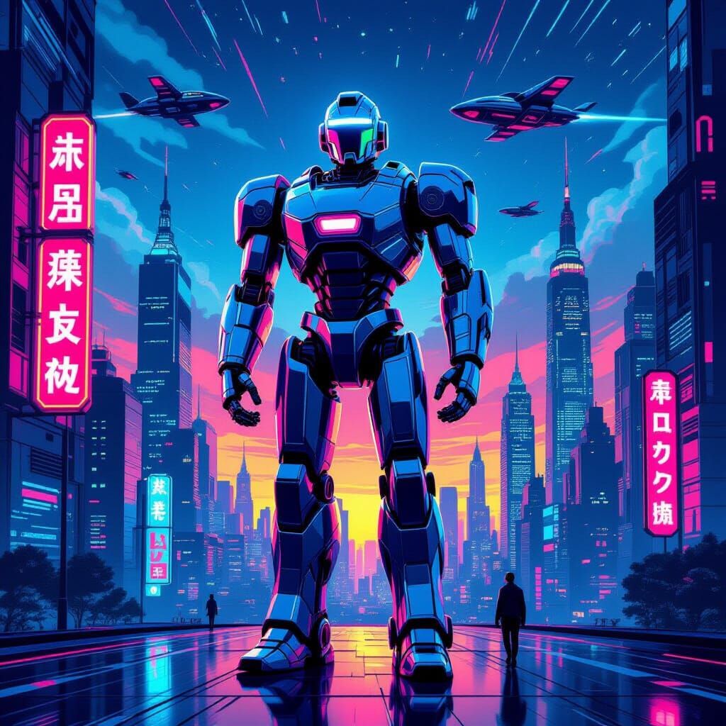 Chrome Robot in Retro-Futuristic Cityscape