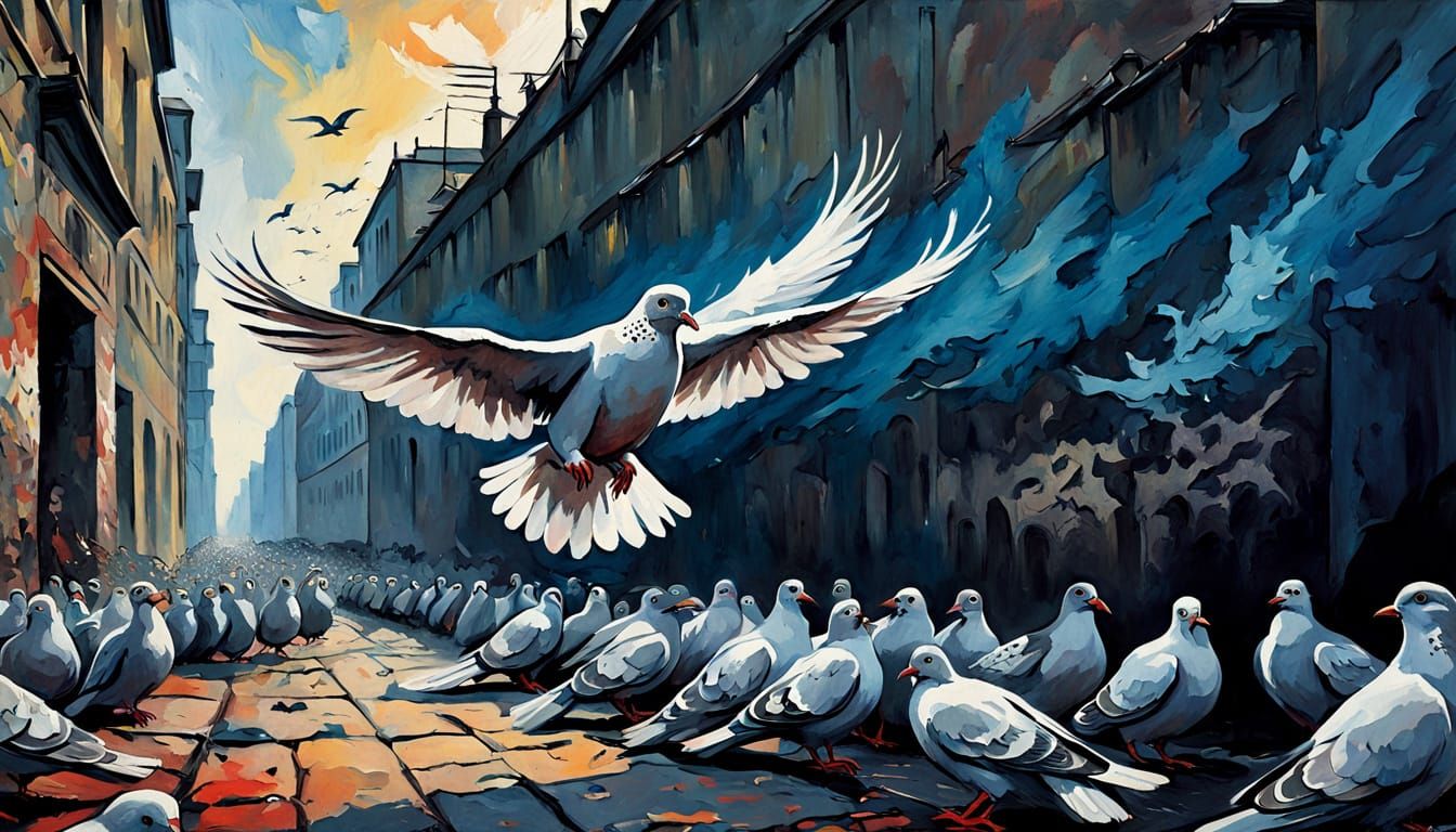 Doves Amidst Berlin's Turmoil in Neo-Expressionist Oil Paint...