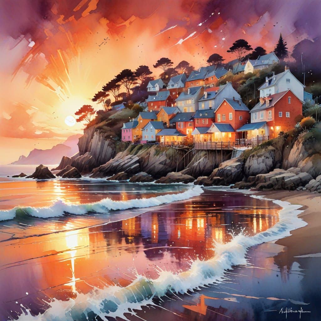 Vibrant Coastal Village at Sunset
