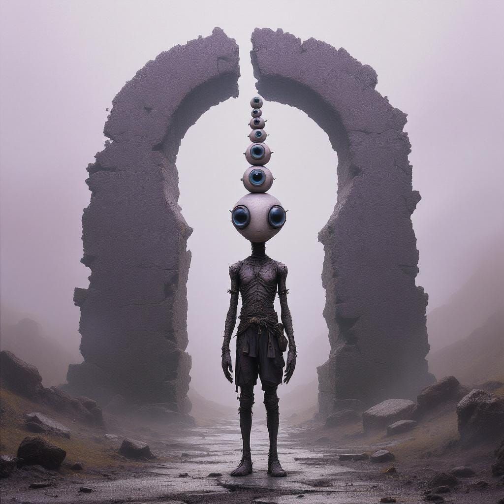 Humanoid Wanderer with Eyeball Hats in Wasteland