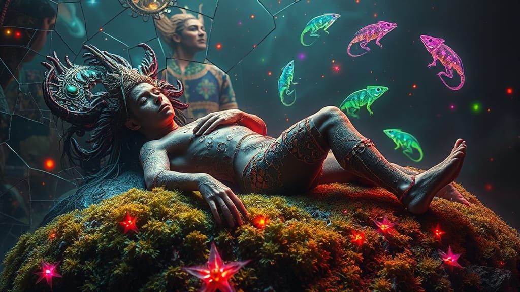 Mystical Prince on Bioluminescent Moss in Bio-Art Style