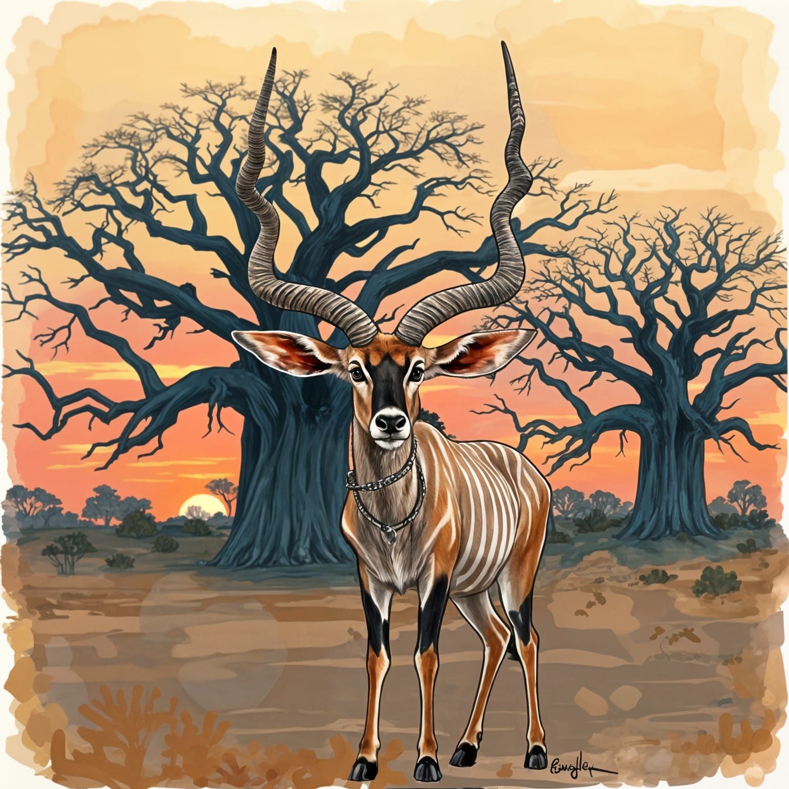 Kudu Antelope at Sunset in Whimsical Watercolor