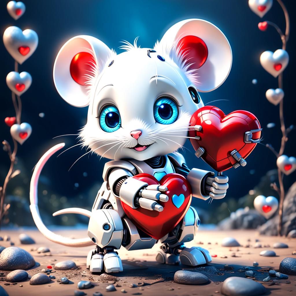 Adorable Robotic Mouse Holding a Heart, Detailed Art