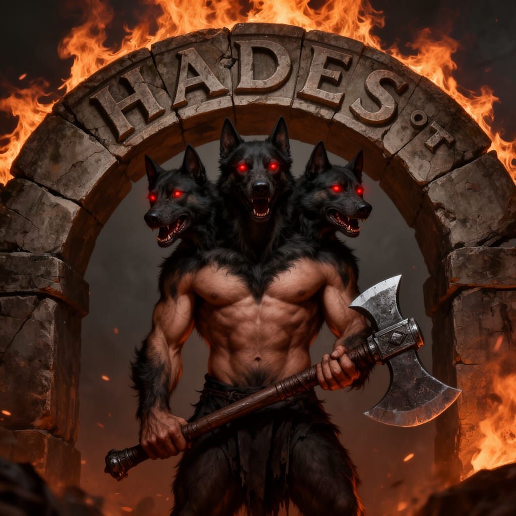 Gothic Cerberus Guards Hades Archway with Axe