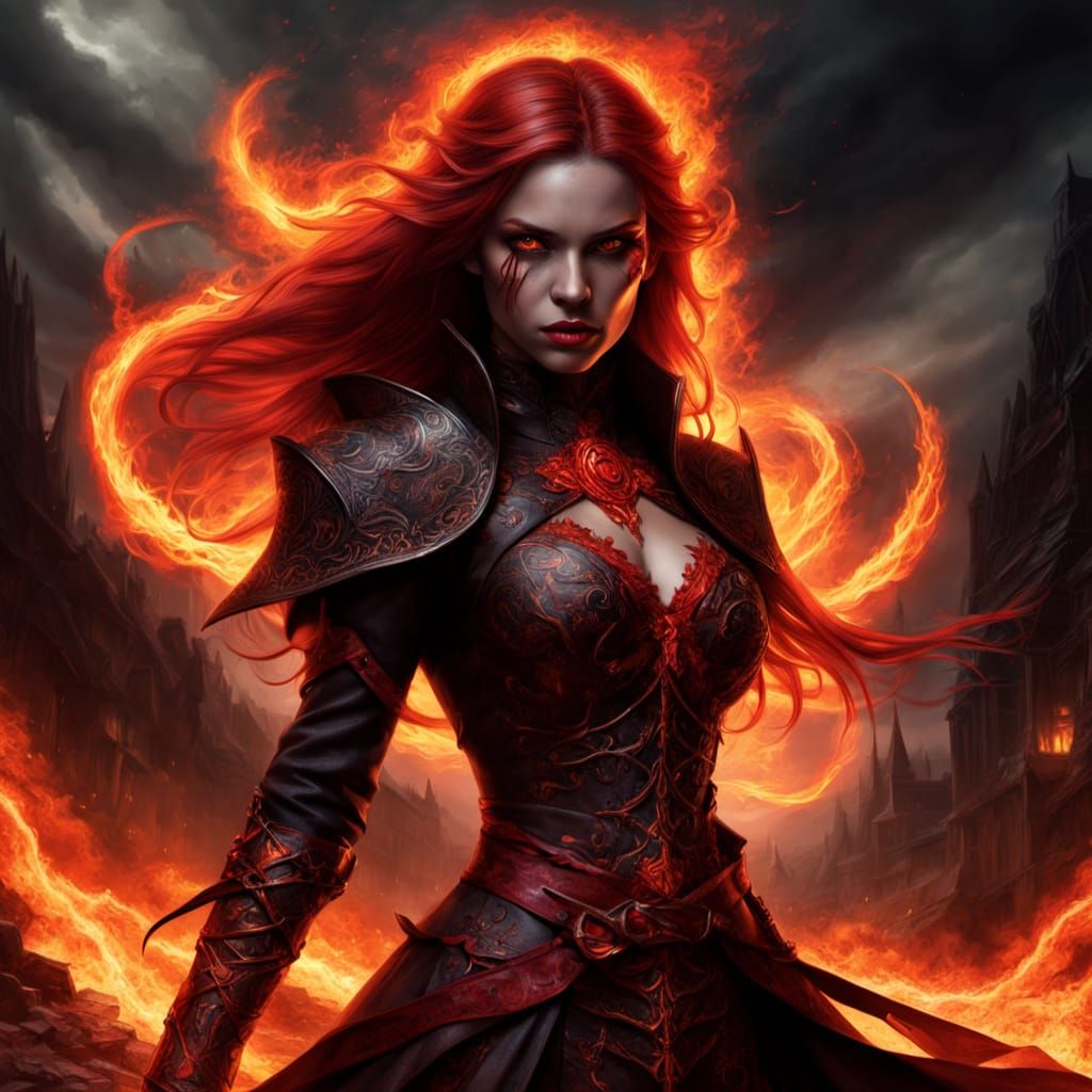 Fiery Half Orc Warmage Confronts the Ruins in a Dark Fantasy...