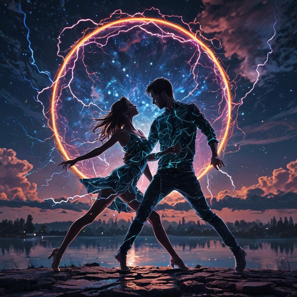 Dancing Silhouettes with Neon Circuitry, Manga Style