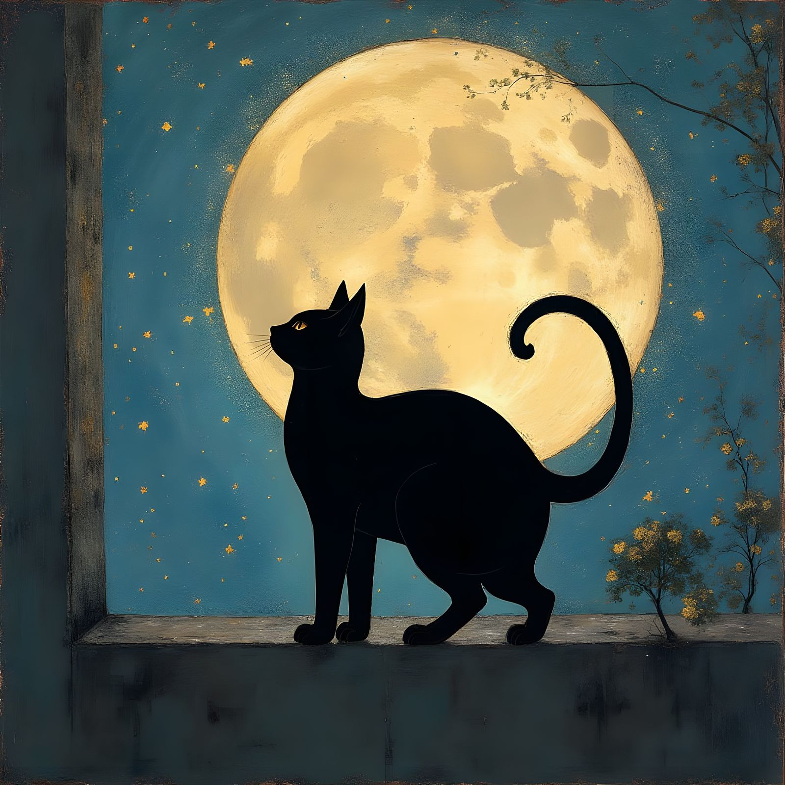 Black Cat in Moonlight: Klimt-Inspired Art Nouveau Painting