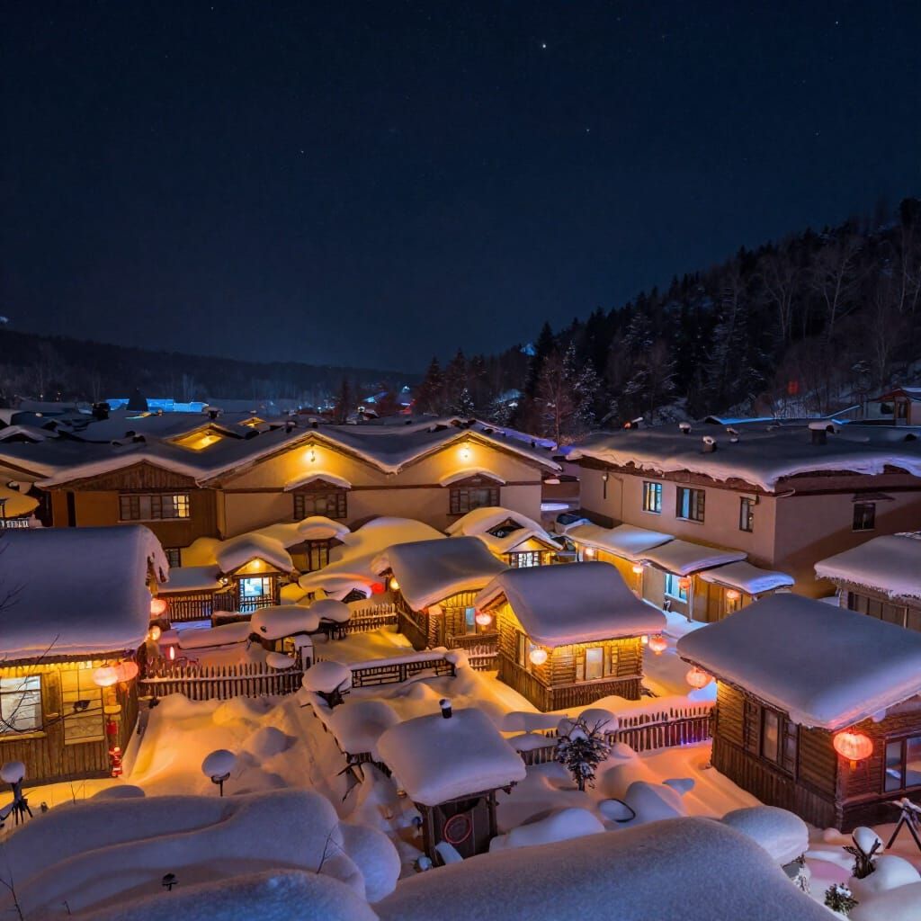 Magical Winter Village Under Starry Sky