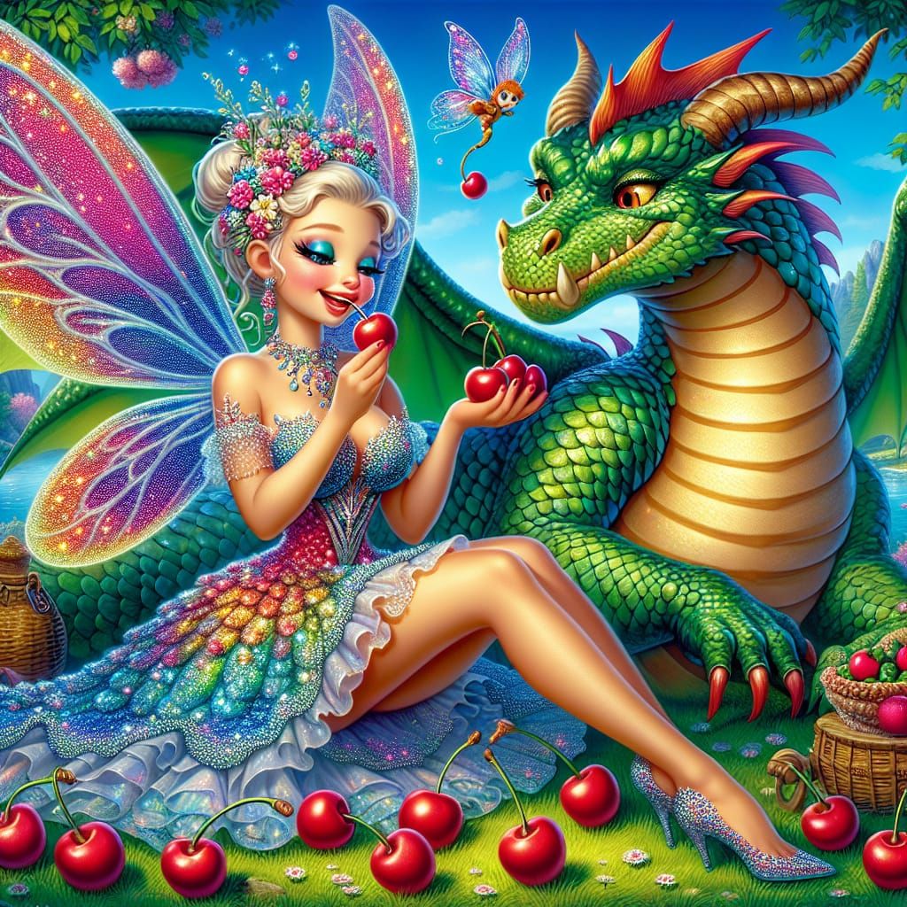 a cute cartoon of a fairy eating cherries with a dragon