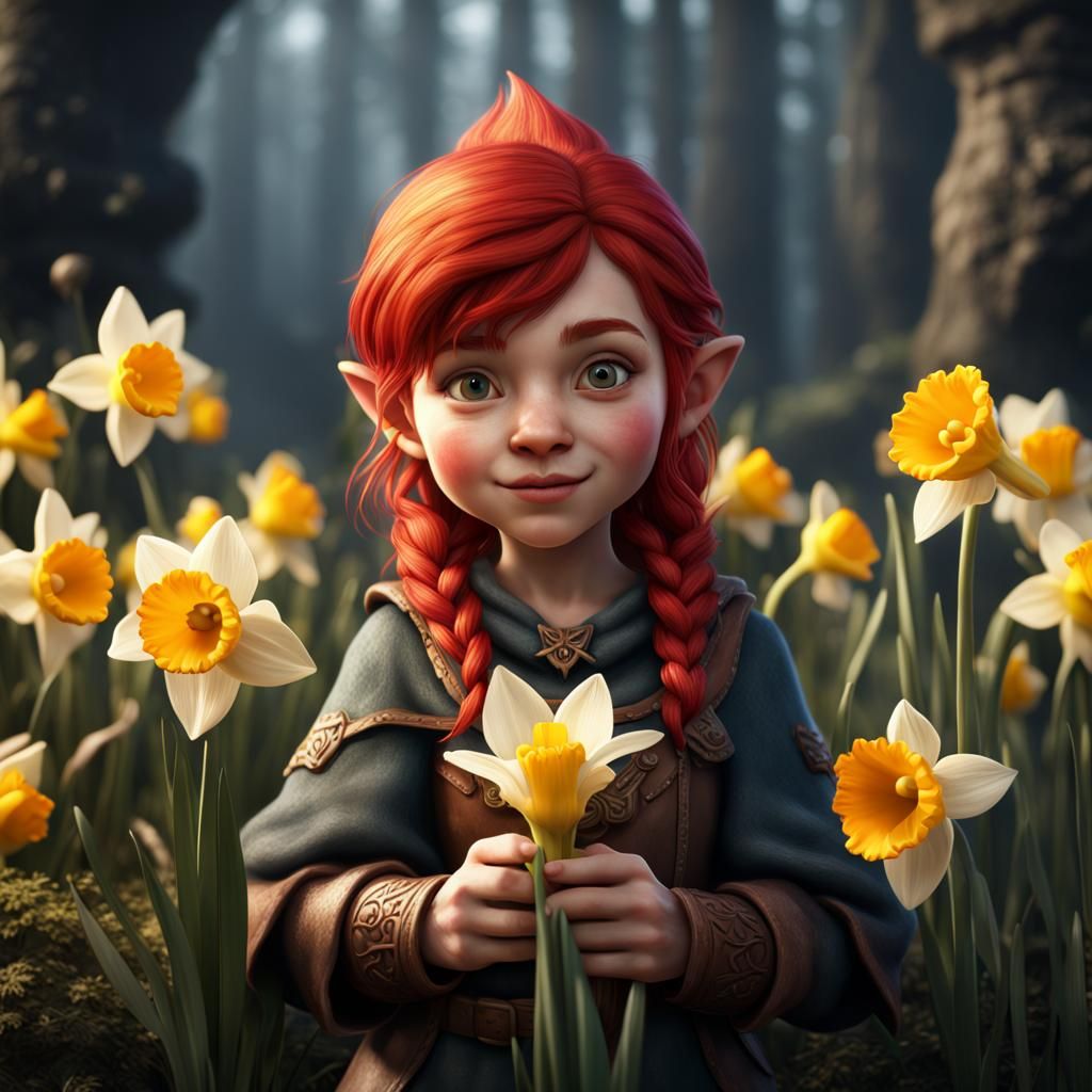 Red-Haired Gnome with Daffodil: Fantasy Art