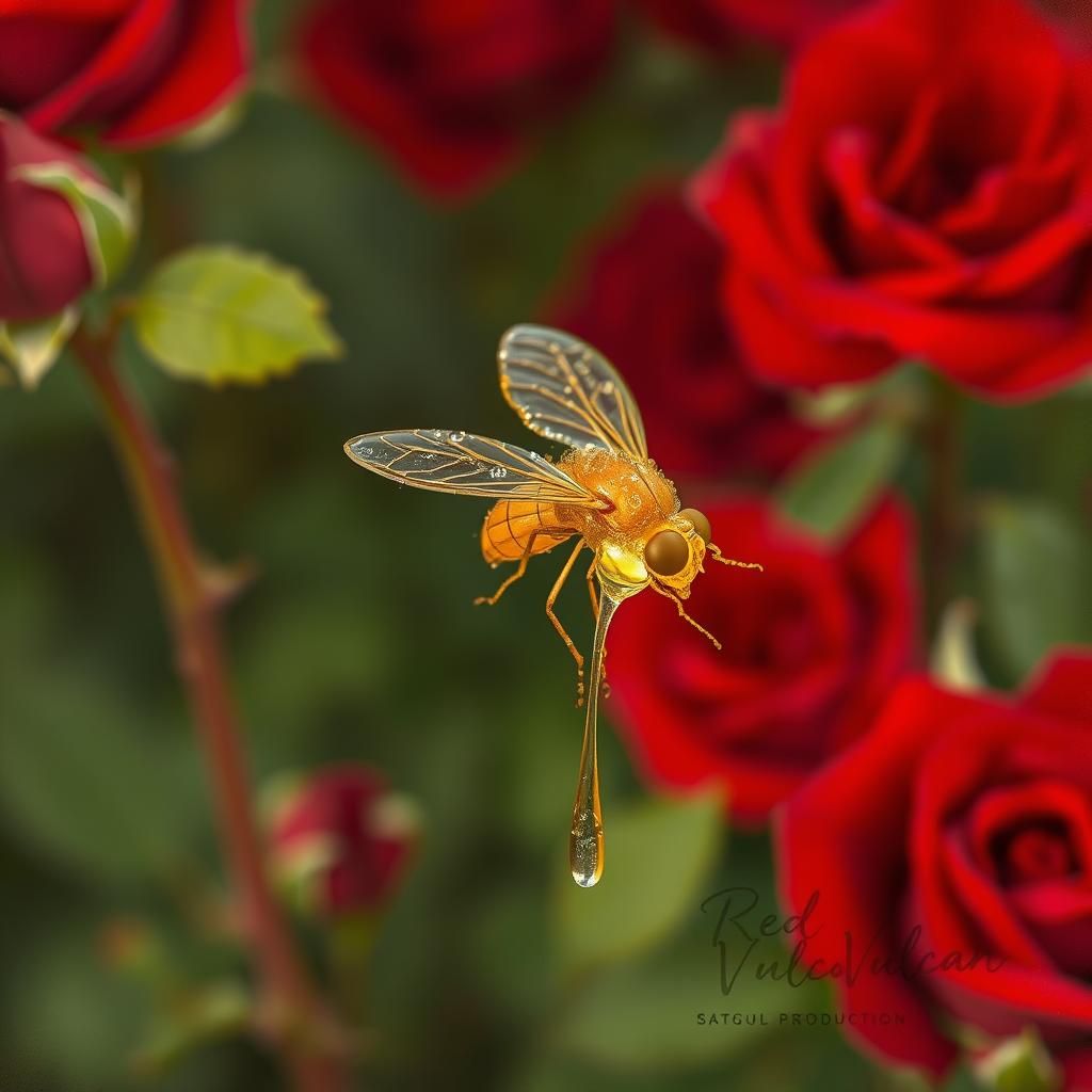 A Fly made of butter in a field of roses.