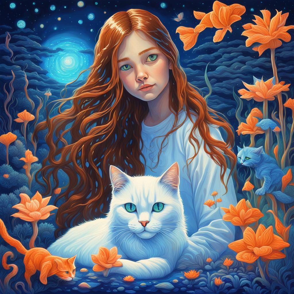 Girl with Cats in Underwater Bioluminescent Garden
