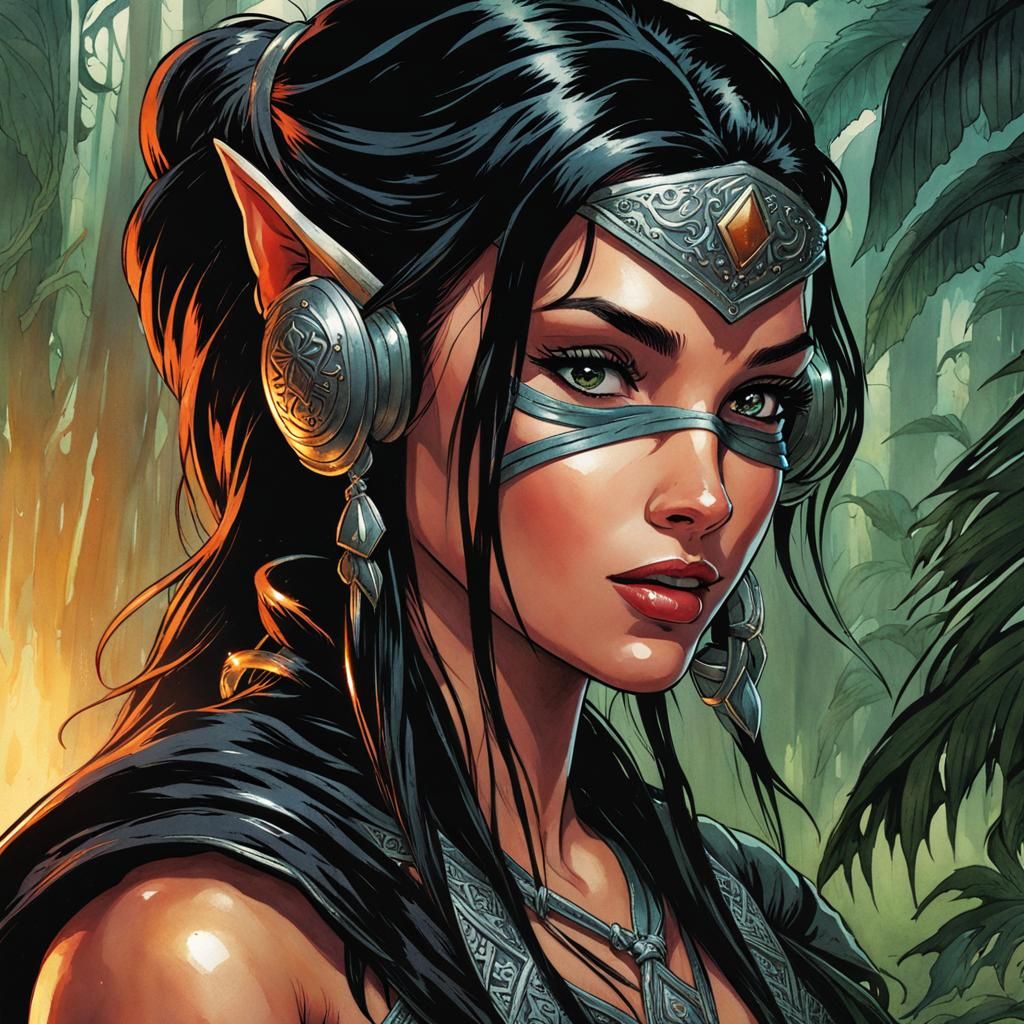 Elf Girl in Jungle, Watercolor Comic Art