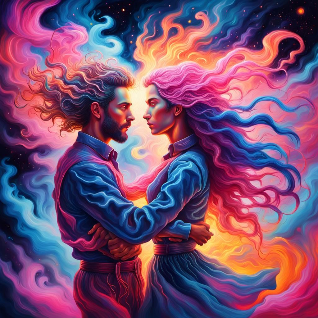 Cosmic Couple Dancing in Surreal Oil Painting