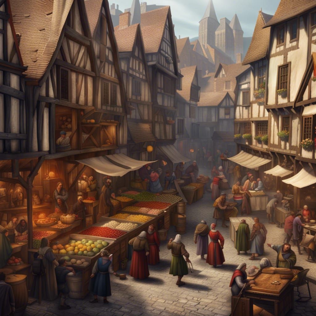 Bustling Medieval Market in Hyperdetailed Concept Art
