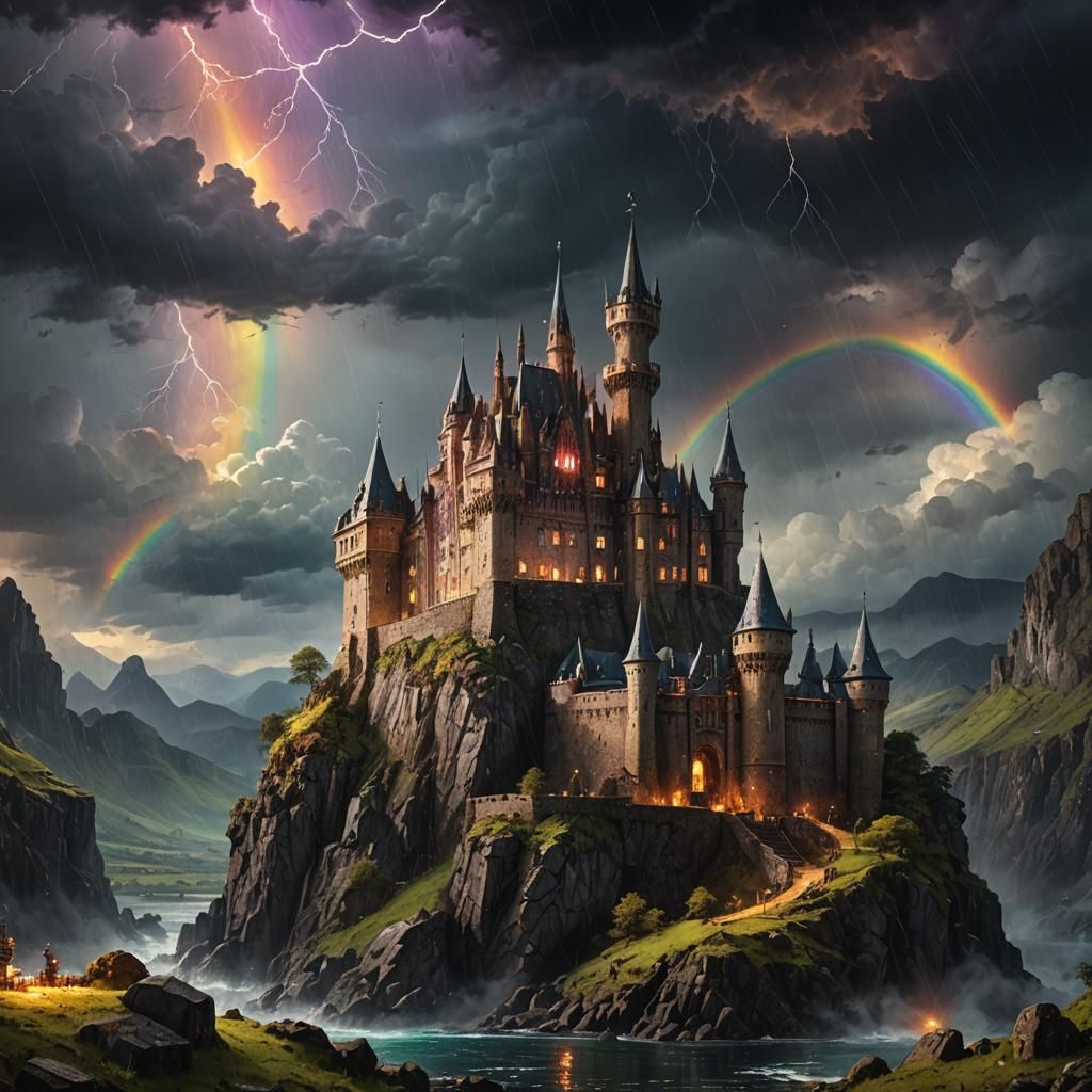 Majestic Castle Under Stormy Sky with Rainbow