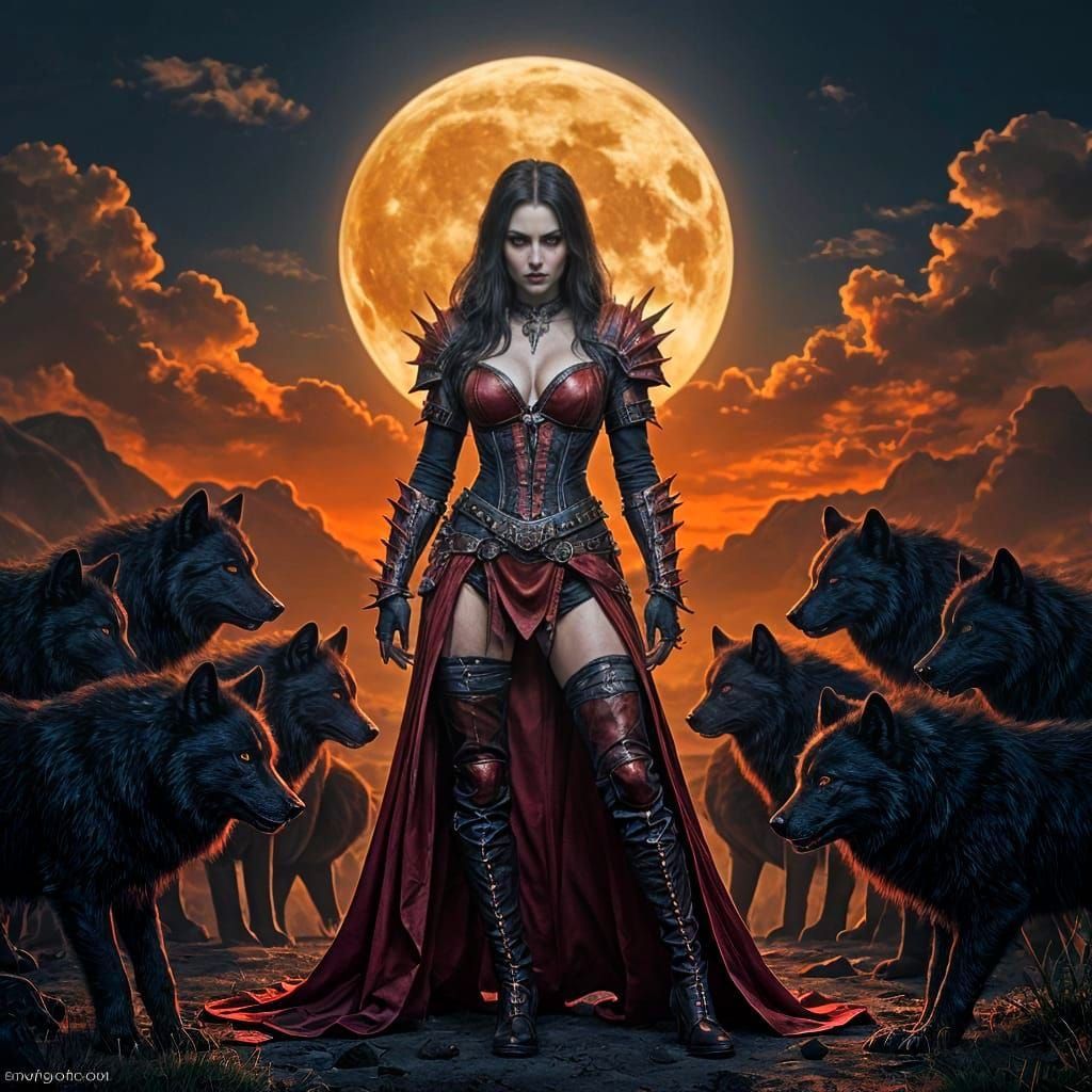 Gothic Vampire Huntress and Wolf Pack in Hyperrealistic Styl...