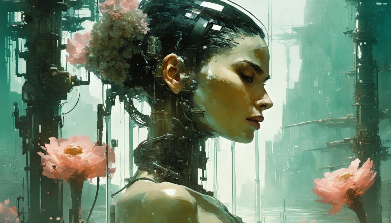 Cyberpunk Woman in Glass Tube with Robotic Prosthesis