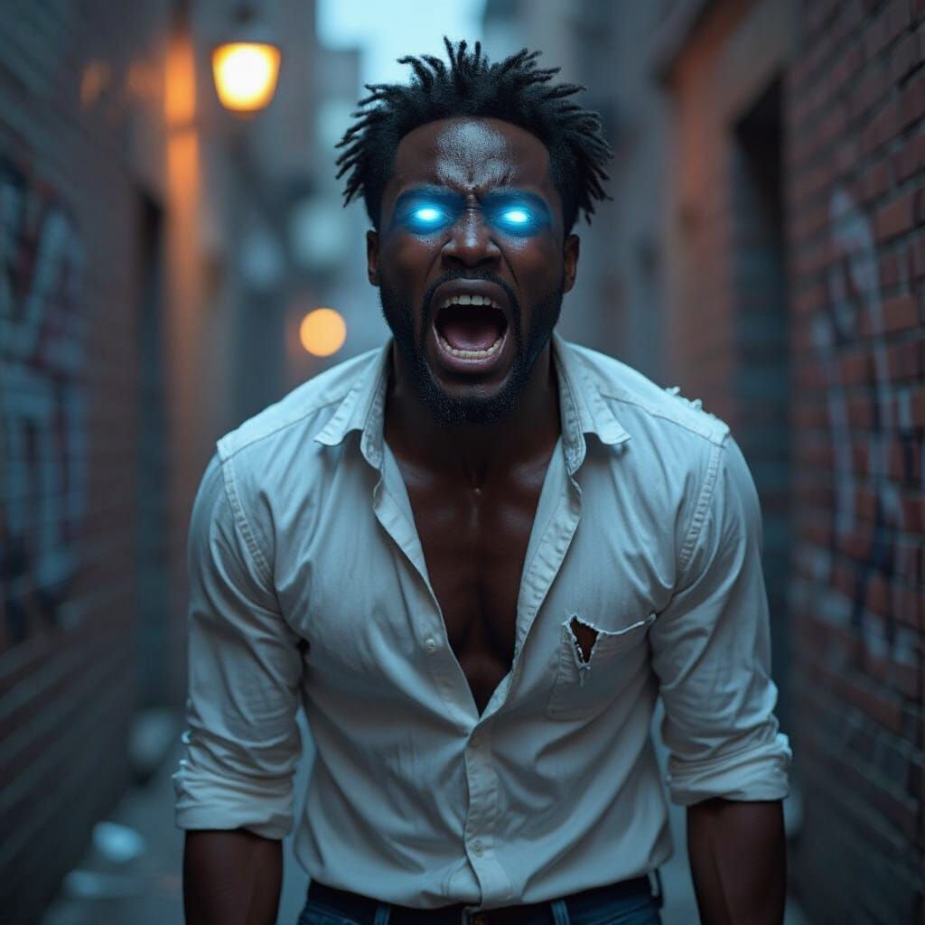 Anguished Man with Glowing Eyes in Photorealistic Style