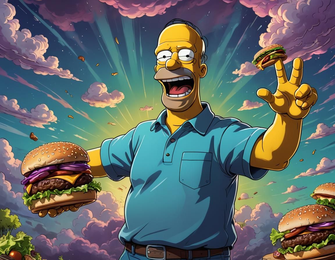 Homer Simpson Glares at a Juicy Burger in Vibrant, Dreamlike...