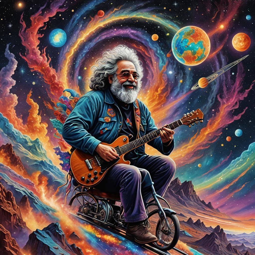 Cosmic Rider: Astral Illustration in Pablo Amaringo Style