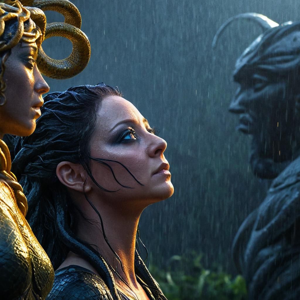 Medusa in Rainy Statue Garden, Dark Fantasy Art