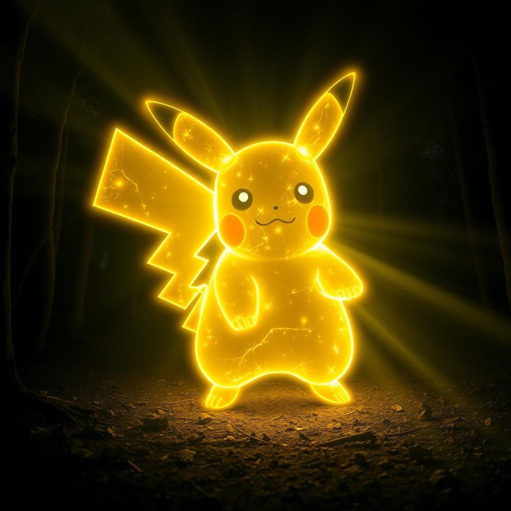 Luminous Pikachu Figure in Dark Forest