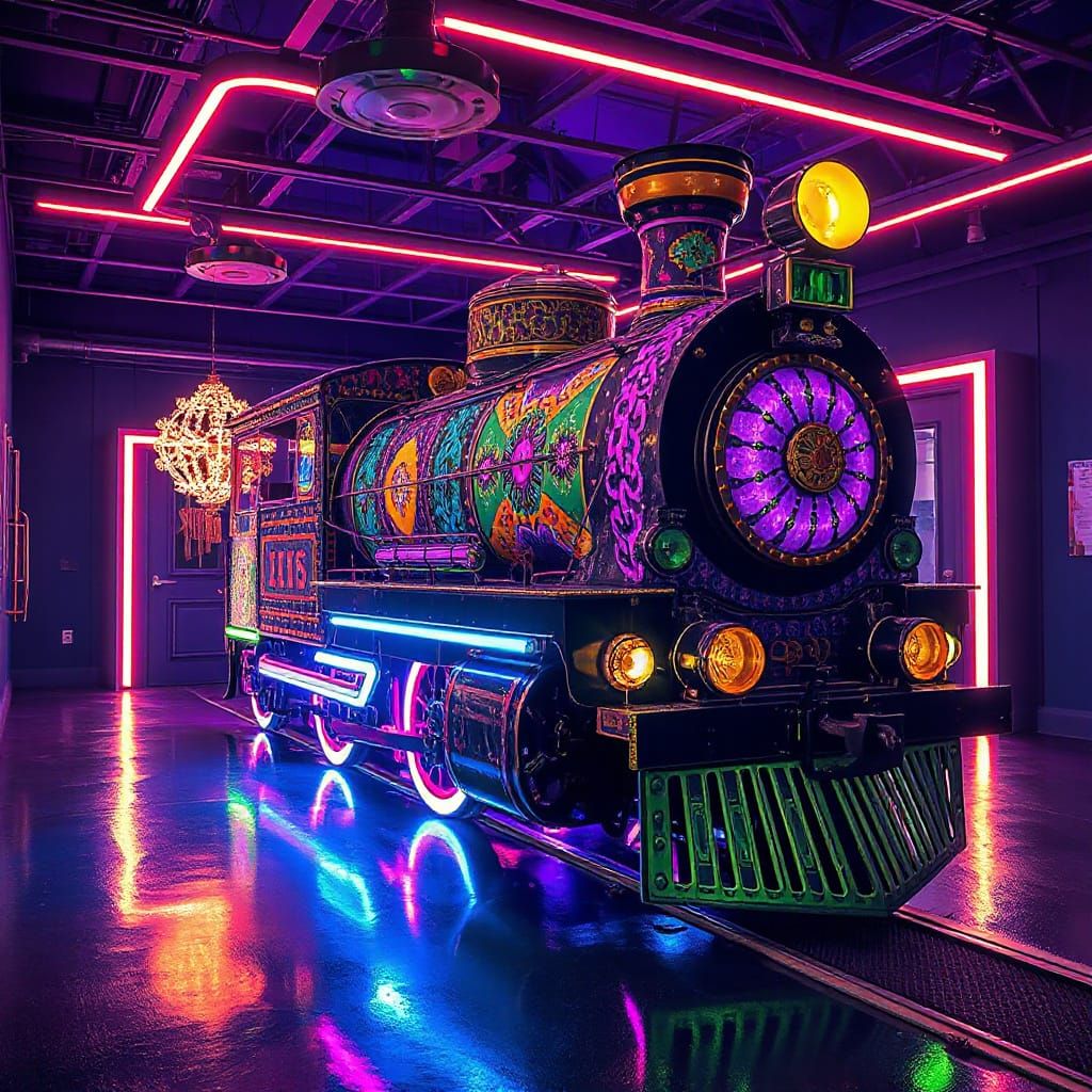 Psychedelic Train Radiates Neon Glow as Digital Art