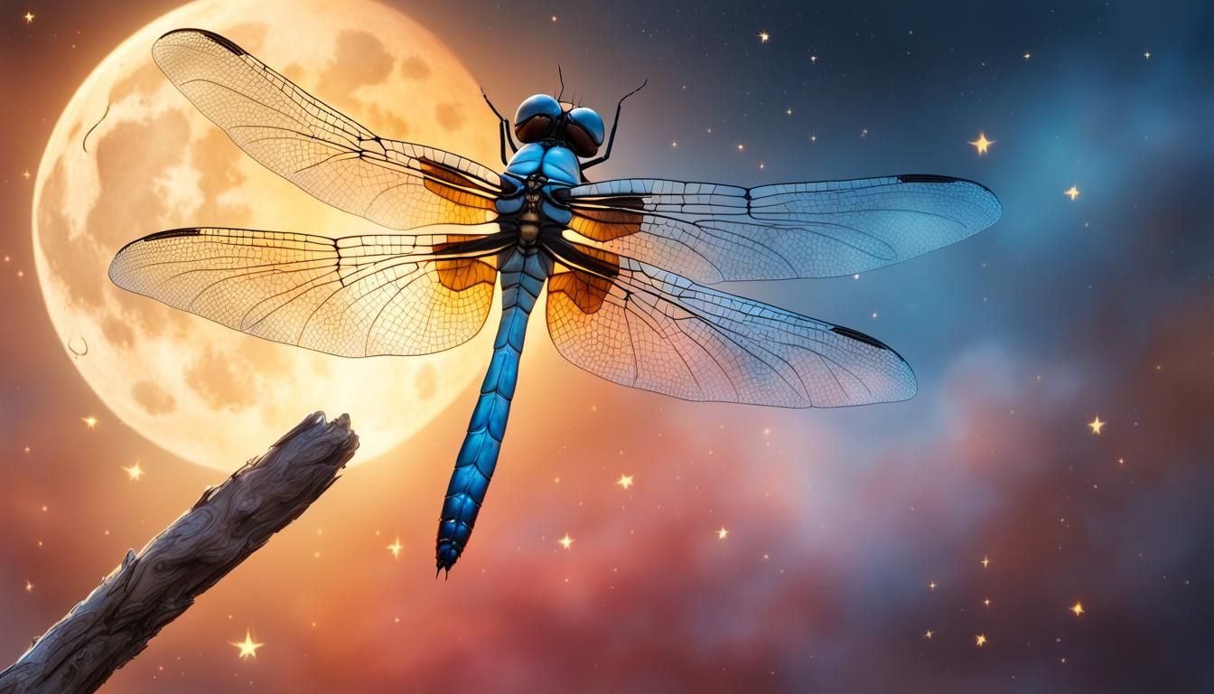 Dragonfly Kissing Moon: Hyperrealistic Splash Art