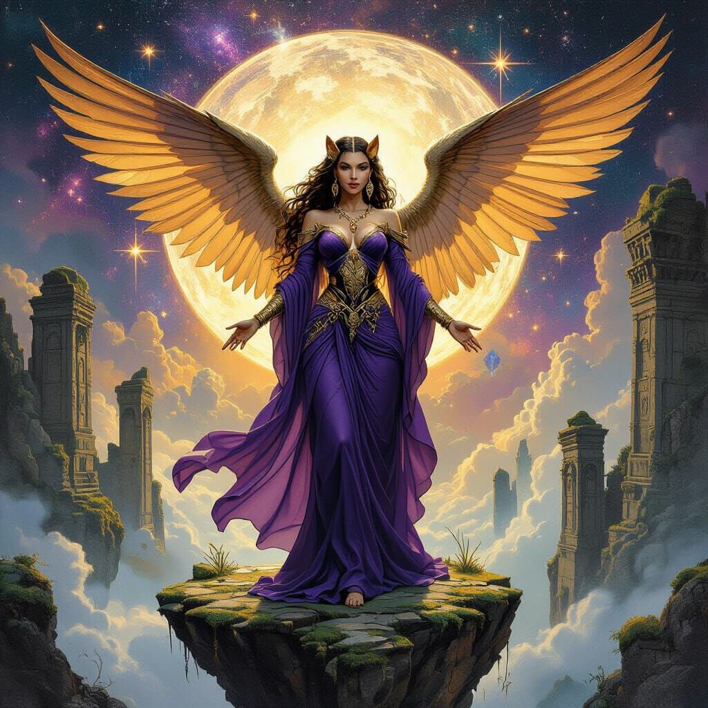 Winged Lioness Goddess Amidst Galaxy in Oil Painting Style