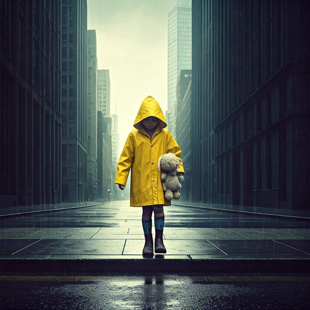 Child Steps onto Rainy City Street in Cinematic Style