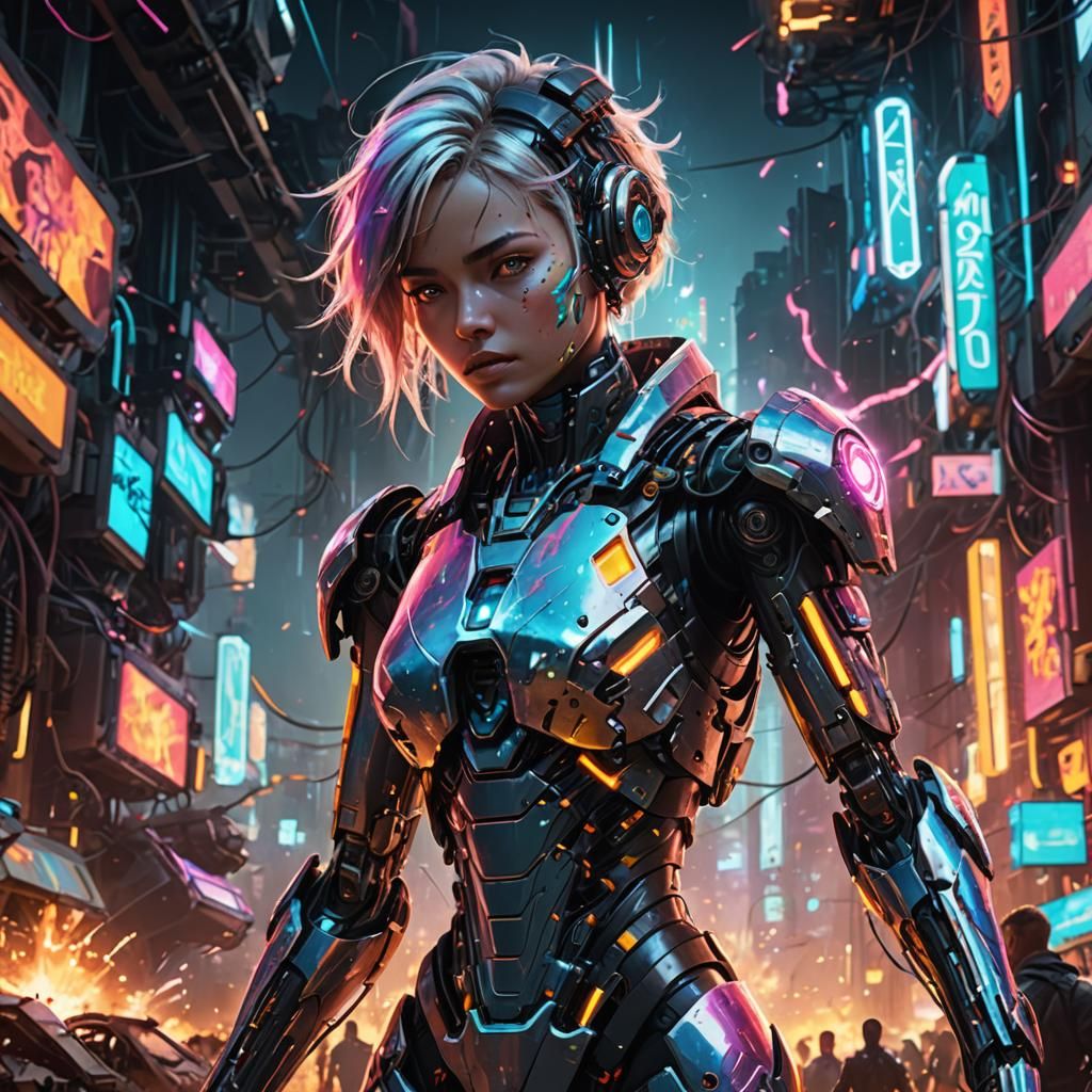 Cybernetic Girl in Futuristic Battle Concept Art