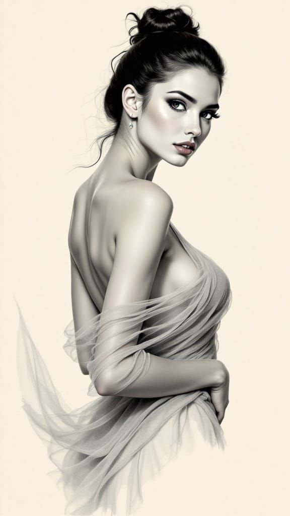 Classic Pin-Up Girl in Ink Brush Art