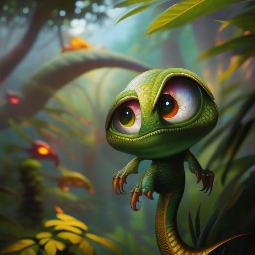 Cute Dinosaur Balancing in Jungle: Fantasy Art