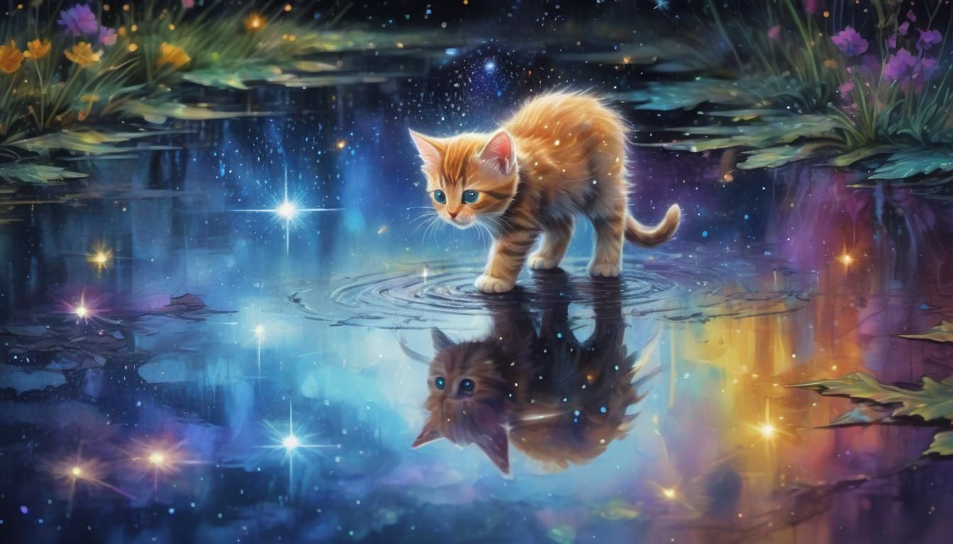 Kitten Plays with Star Reflections, Watercolour and Ink