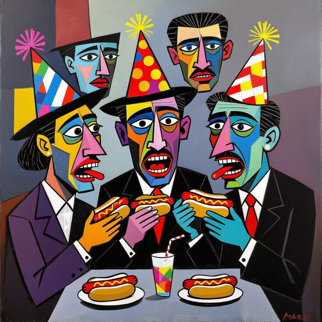 Cubist Animals Celebrate with Hotdogs