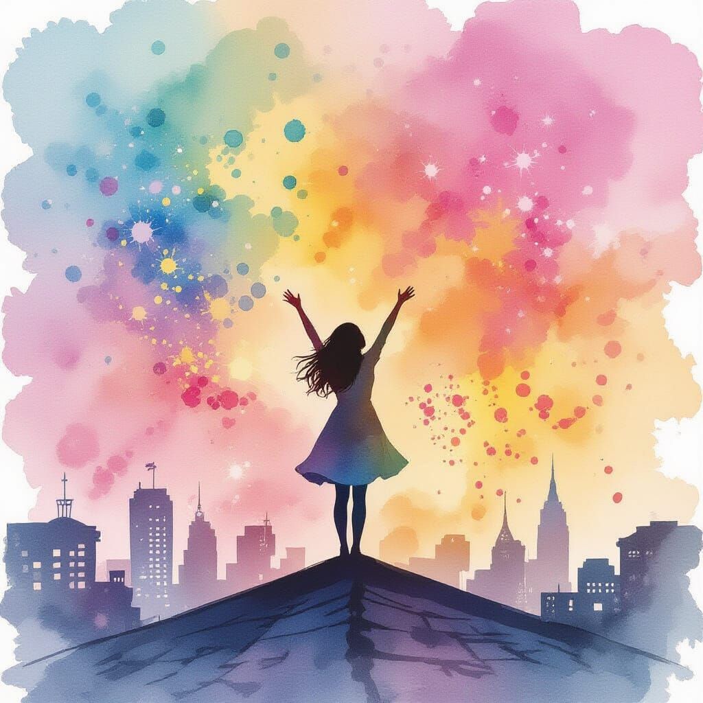 Woman on Rooftop in Watercolor Splatter Style