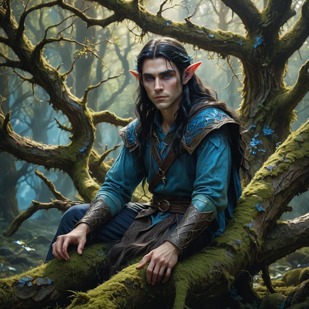 young male elf with black long hair and blue eyes and small ...