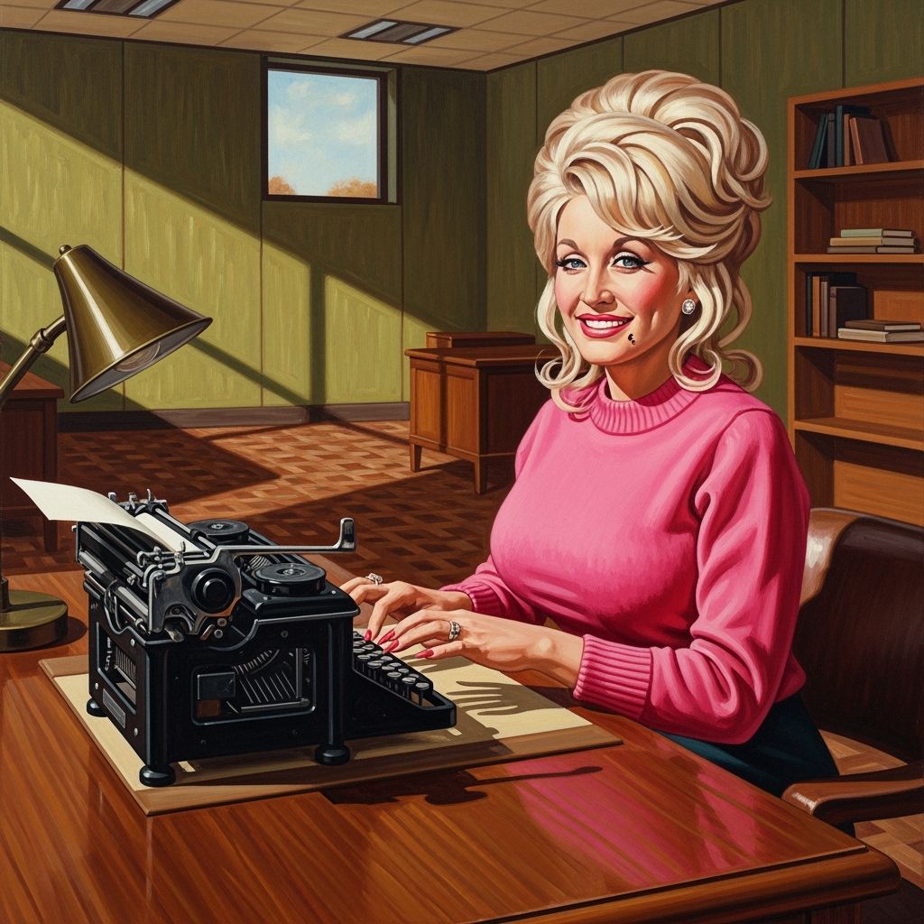 Dolly Parton in a 1970s Office as an Oil Painting