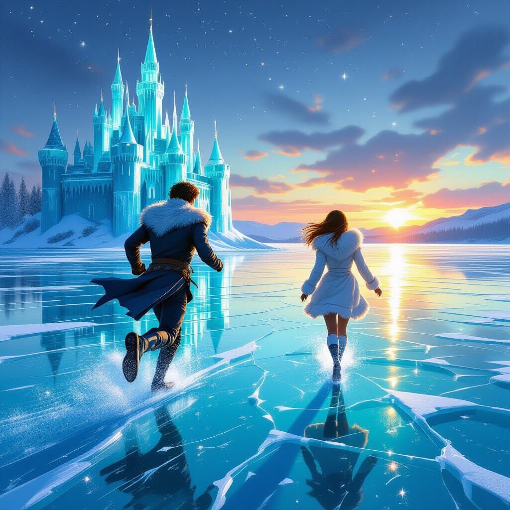 Couple Runs Across Sparkling Emerald Ice Lake