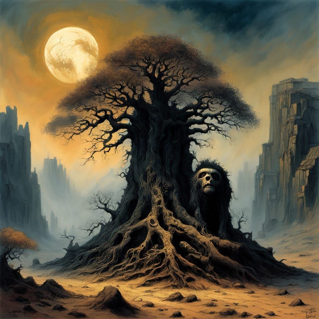 Ancient Gnarled Tree in Ethereal Mist