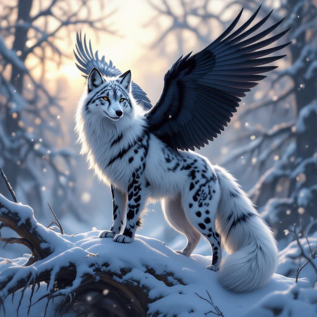 Mythical Forest Guardian: Snow Leopard, Fox, Wolf Hybrid wit...