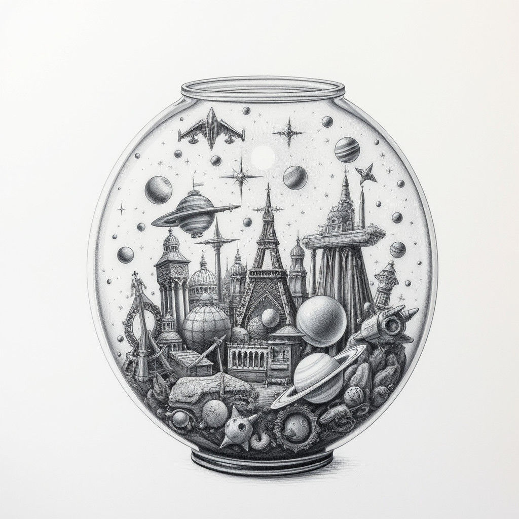 Fantastic World in Glass Vessel: Charcoal Drawing
