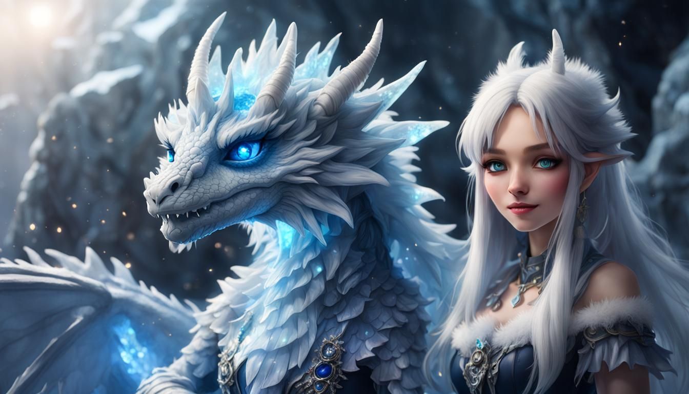 Enchanting Witch and Dragon in Crystalline Cave