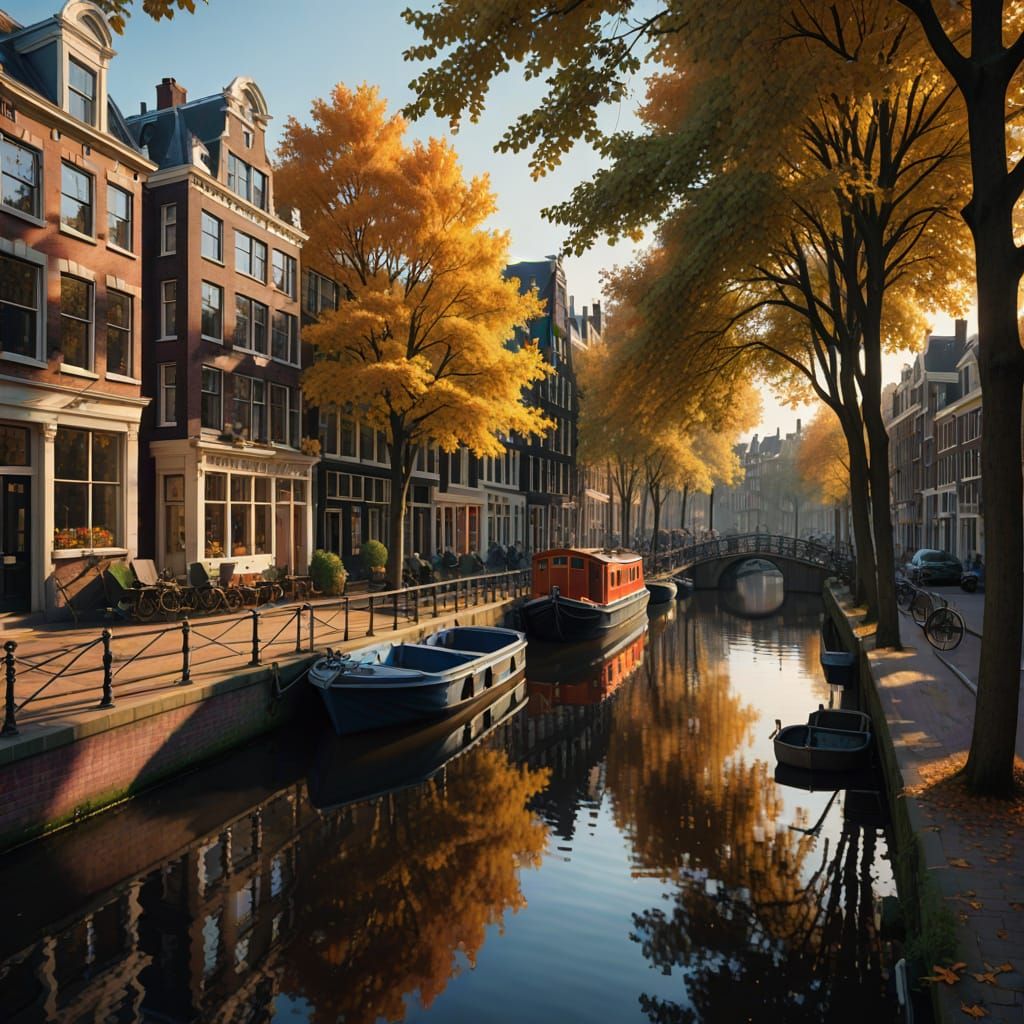 Autumn Canal in Amsterdam Oil Painting