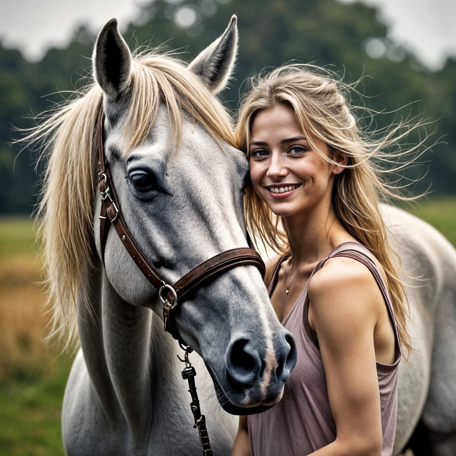 Realistic Portrait of Woman Interacting with a Gentle Grey H...